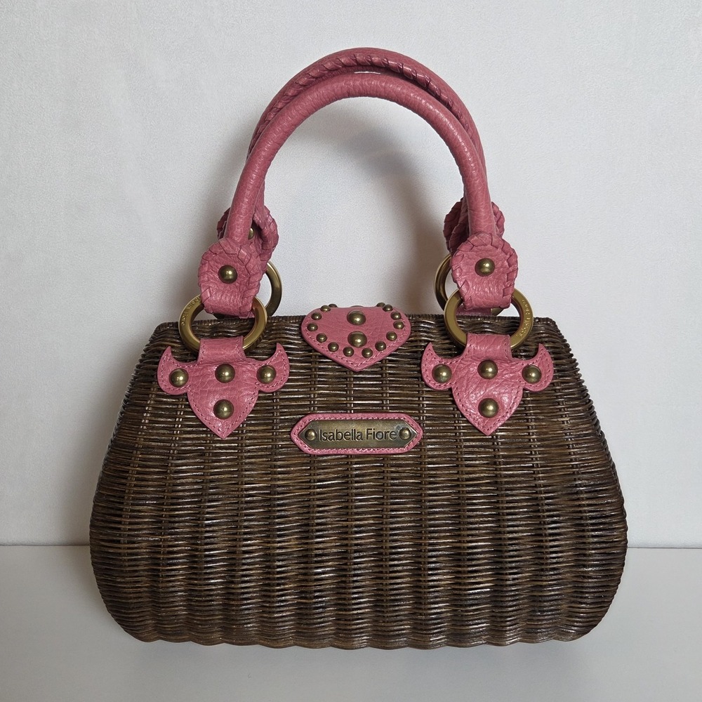 VTG Isabella Fiore Pink Leather Wicker Satchel Studded Trim Boho Handbag Rare - Picture 16 of 16
